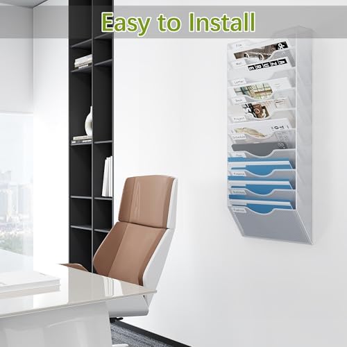 EasyPAG 10 Pocket Mesh Wall File Organizer, Hanging Paper Folder Holder with Classify Label, Vertical Wall Mount Mail Organizer for Office Home Classroom, White