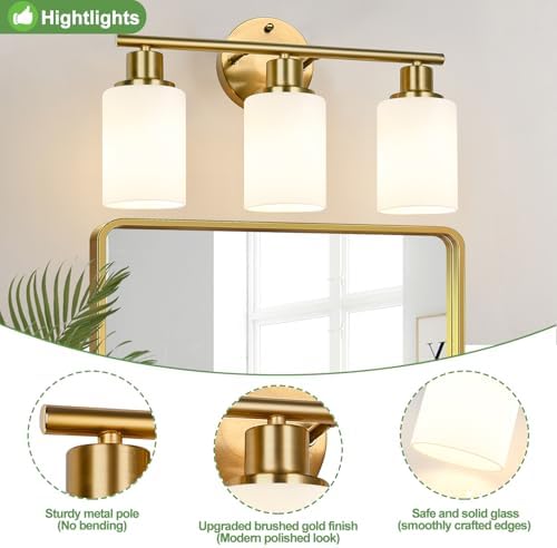 Zarbitta 3-Light Bathroom Light Fixtures, Brushed Gold Vanity Light, Farmhouse Wall Lights with Milky White Frosted Glass Shades, Bathroom Wall Lamp for Mirror Kitchen Bedroom Hallway Living Room
