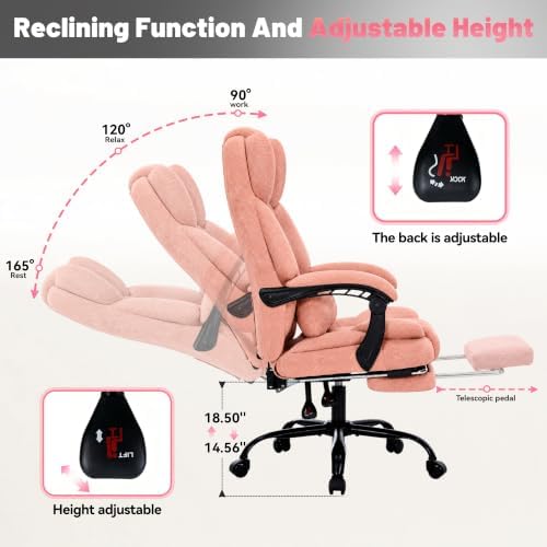 600LBS Executive Office Chair with FootRest for Heavy People High Back Ergonomic Gaming Chair with Lumbar Support Reclining Home Office Desk Chair with Pocket Spring Cushion Fabric (Pink)