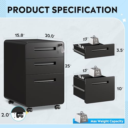 DEVAISE 3 Drawer File Cabinet with Lock, Fully Assembled Except Casters