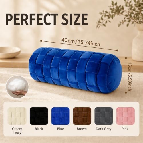 Soft Cylinder Lumbar Pillow, 15.7 x 5.9 Inch Hand-Woven Velvet Neck Roll Pillow, Polyester Fiber Filled for Neck Back Leg Relaxation, Decorative Throw for Couch Sofa Bed Office(Blue)