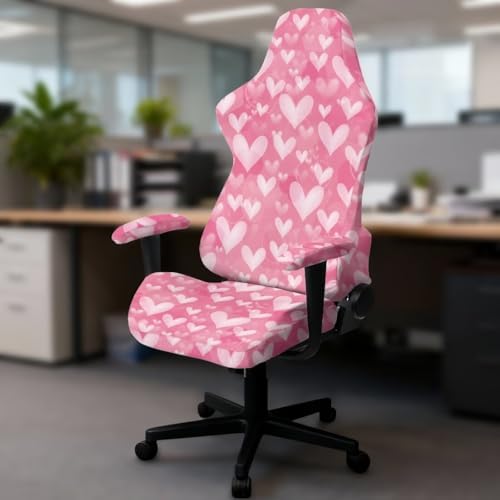 Heart Print Gaming Chair Cover with Armrest Covers Stretchable Anti Scratch Furniture Protector Anti Slip Washable Office Chair Slipcover for Valentine's Day