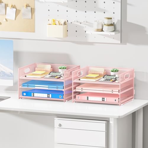 Paper Tray Pink Desk Organizer for Desk,2P-3 Tier Pink File Organization