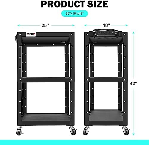 DNA Motoring 3-Layer Utility Steel AV Cart with Wheels Power Strip, 25" x 18" x 24"-42" Height Adjustable Rolling Projector Cart,TOOLS-00136