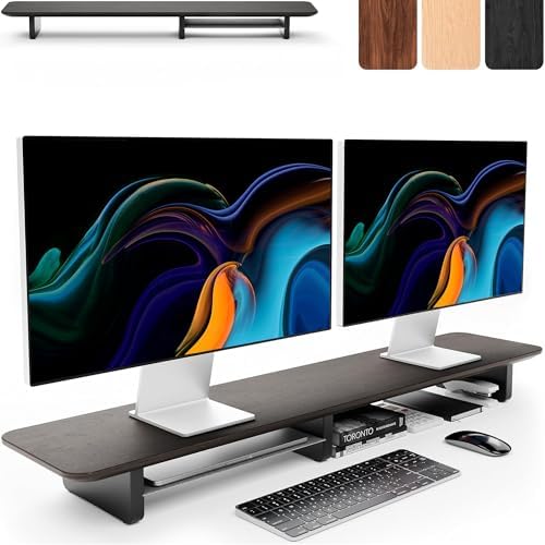 KIVY Dual Monitor Riser With Integrated Metal Shelf - Wooden Desk Shelf