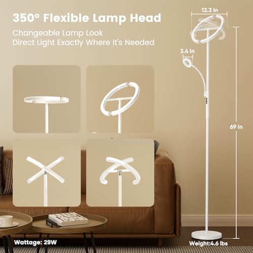 SIBRILLE White LED Floor Lamp - Dimmable 2 Lights Standing Lamp with Remote&Touch Control, 4 Color& 10 Brighness Adjustable Floor Reading Light, Modern Tall Lamp for Living Room Bedroom Office Corner