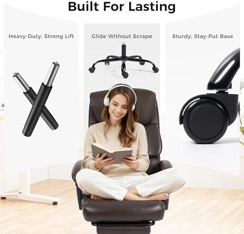 Office Chair, Executive High Back Leather Home Office Desk Chair with Footrest & Lumbar Support - Ergonomic Reclining Comfortable Wide Swivel Rolling Gaming Computer Chair 90-135° Adjustable Tilt Lock