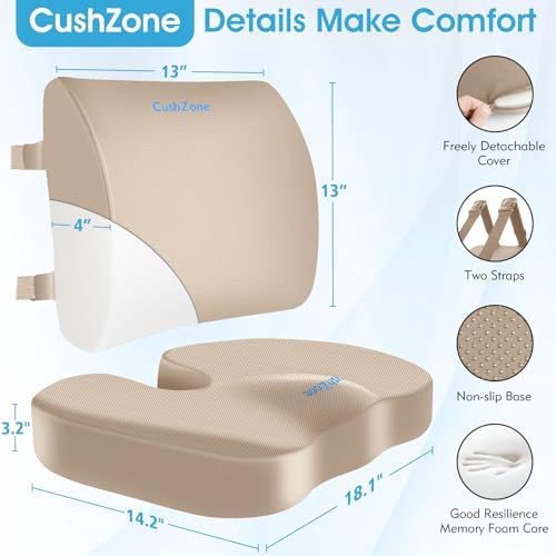 CushZone Seat Cushion and Lumbar Support Pillow for Office Chair, Khaki