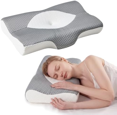 OLIXIS Cervical Pillow, Ergonomic Contour Memory Foam Neck Pillow with Cooling Breathable Cover for Side, Back and Stomach Sleepers, Grey