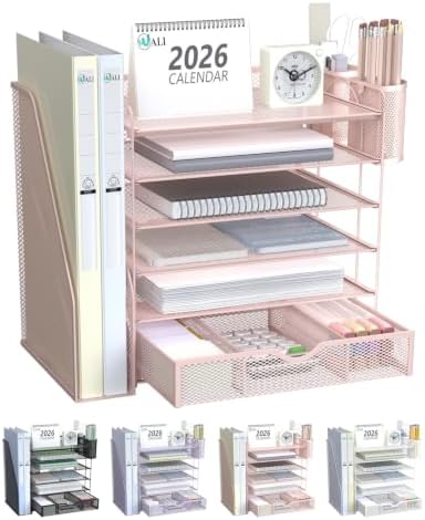 WALI Desk File Organizer, 6 Tier Desktop Paper Letter Tray Organizer with Drawer and 2 Pen Holders, Office Desk Accessories & Workspace Organizers for Office, Home Supplies(DO007DH-P), 1 Pack, Pink