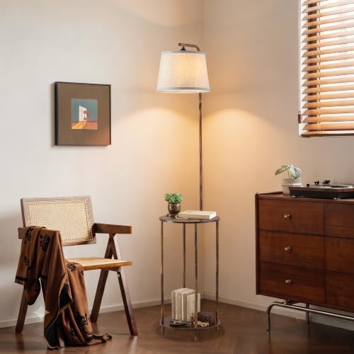Floor Lamp with Table, 2-in-1 Side Table Floor Lamp with Linen Shade