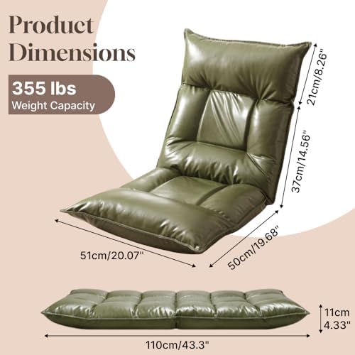 Floor Chair with Back Support, 42-Position Adjustable Gaming Chair for Adults, Faux Leather Floor Lounger, Reading Chairs with Neck Support, Foldable Floor Seat for Sleeping (Green Black)