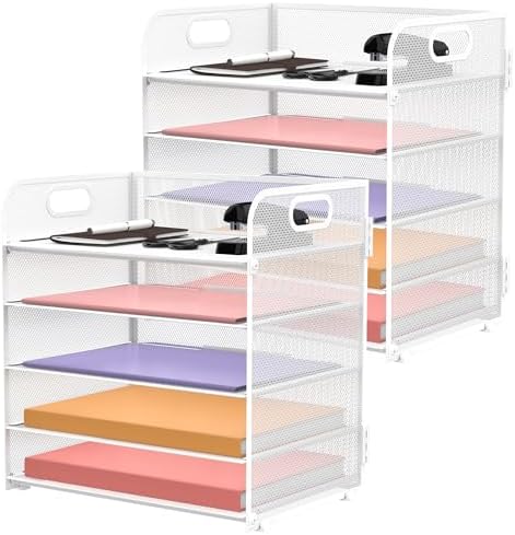 2 Pack 5-Tier White Desk Organizer with Handle Mesh Desk File/Paper Organizer Letter Tray for Office, School and Home Easy Installation