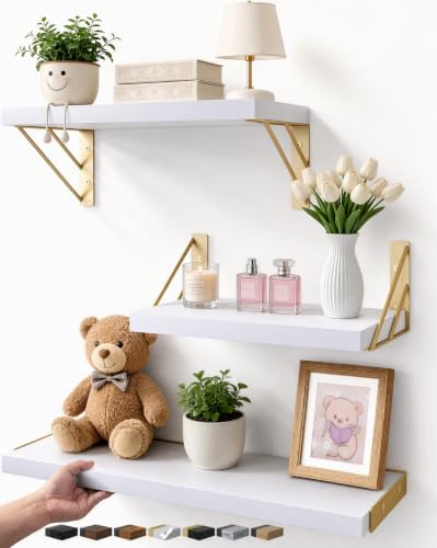 BAYKA Wall Shelves for Bedroom Decor, Floating Wall Shelves for Living Room Kitchen Storage, Wall Mounted Rustic Wood Shelves for Kids Books,Corner Shelves for Bathroom(White and Gold，Set of 3)
