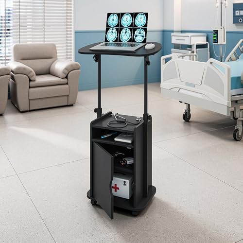 Techni Mobili Adjustable Laptop Cart w/Storage, Rolling Mobile Desk, Black