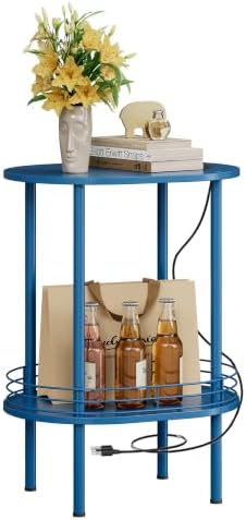 Small Oval Side Table with Charging Station, 2-Tier Blue Round End Table
