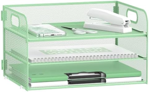 DALTACK 3 Tier Paper Organizer for Desk, Sliding Paper Trays, Mint Green