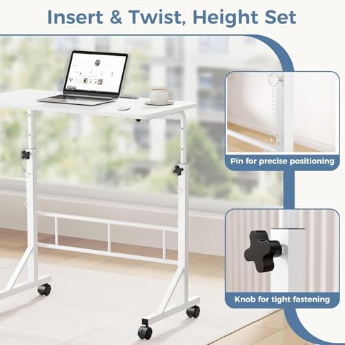 Simple Deluxe 31.5" Adjustable Height Mobile Desk with Locking Wheels & Pin-Lock – Height-Adjustable Standing Desk– Heavy-Duty Portable Workstation for Small Spaces & Home Office – White