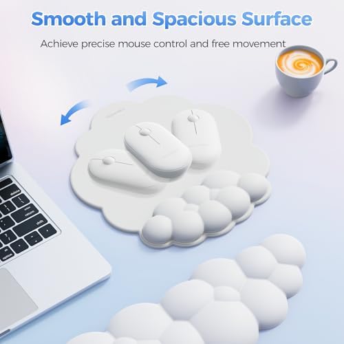 TECKNET Cloud Mouse Pad with Wrist Rest, Ergonomic Cloud Wrist Rest with Non-Slip Base, PU Leather Memory Foam Mouse Pad Wrist Support for Keyboard and Mouse, Pain Relief for Typing, Gaming, White