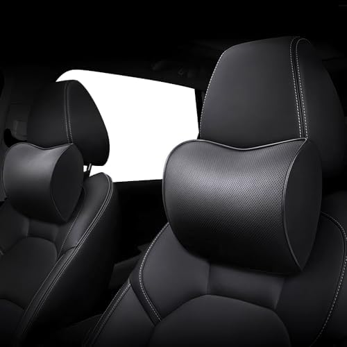 2 Pack Car Leather Neck Pillow, Neck Rest Cushion， Memory Foam and Breathable Removable Cover, Stress-reducing, Anti-Fatigue (Black 2 Pack)