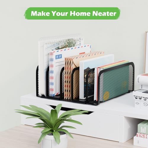 Mail Organizer Countertop, Metal File Holder with 5-Slot, Small Desk File Organizer for Letter, Bill, Mail Sorter, Desktop Letter Folder Holders for Office, Home, School (Black)