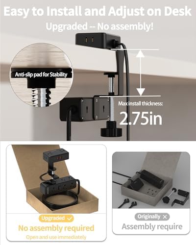 HOPOW Dual Layer Desk Clamp Power Strip, 13 Outlets 4 USB, 10FT Cord, Black