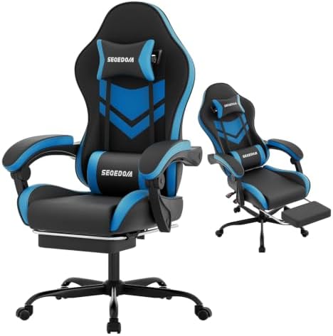 Gaming Chair with Footrest & Massage Lumbar Support, PU Leather Ergonomic High Back Swivel Height Adjustable Chair for Adults, Office Gaming, 300 lbs (Black Blue)