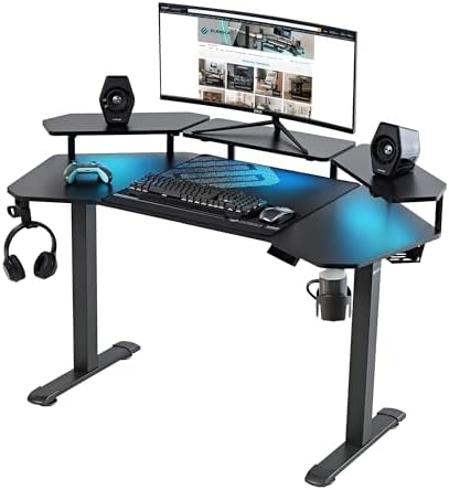 EUREKA ERGONOMIC Aero 55 Inch W Shaped Electric Standing Desk, Height Adjustable Computer Gaming Desk with LED Monitor Shelf, Mouse Pad, Headphone Hook, Cup Holder, Carbon Black