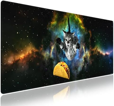 Cute Space Cat Meme Large Mouse Pad, Galaxy Kitten Chasing Taco Desk Mat