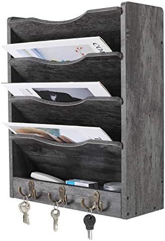 PAG-Mass 5-Tier Wall File Holder Hanging Mail Organizer Wood Magazine Literature Rack with 6 Hooks, Dark Gray
