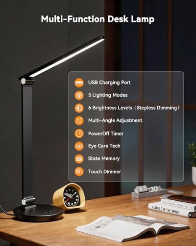 LED Desk Lamp with USB Charging Port, Touch Control, 6 Brightness Levels 6 Color Temperatures, Eye-Caring Desk Light with 1-Hour Timer, Adjustable Foldable Lamp for Home Office, Bedroom, Study