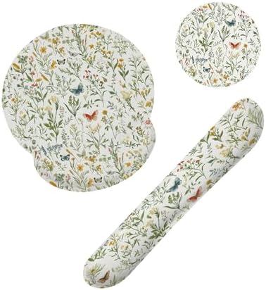 Wildflowers Butterfly Mouse Pad with Wrist Rest and Keyboard Wrist Rest Set, Vintage Garden Plants Herb Flower Non-Slip Rubber Base Memory Foam Mouse Pad Set for Women, Office Desk Accessories, Gaming