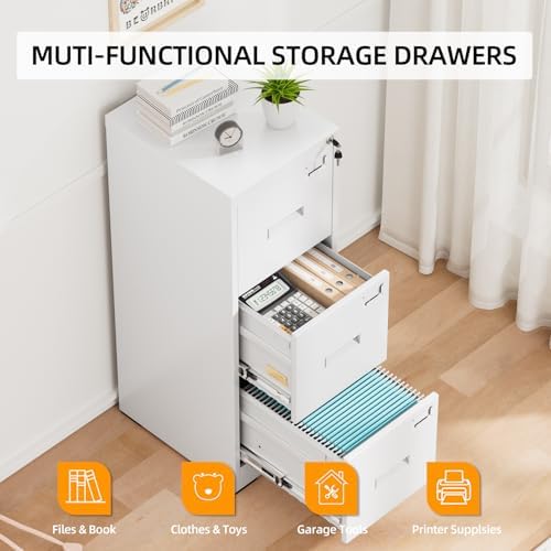 INTERGREAT 3 Drawer File Cabinet, White Metal Filing Cabinet with Lock, Locking Tall File Cabinets with 4 Adjustable Hanging Frame for Home Office, Name Tag