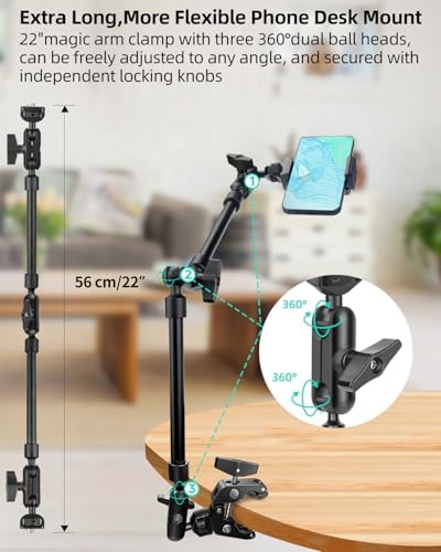 22" Magic Arm w Clamp, Overhead Phone Mount, Desk Camera Mount w Articulating Friction Boom Arm Thread Adapter, for Phone Video Light Webcam Microphone Action Camera Content Creators