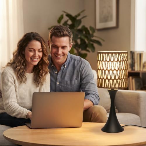 Rattan Table Lamp, 3 Way Touch Control Bedside Lamp with Dual-Layer Shade