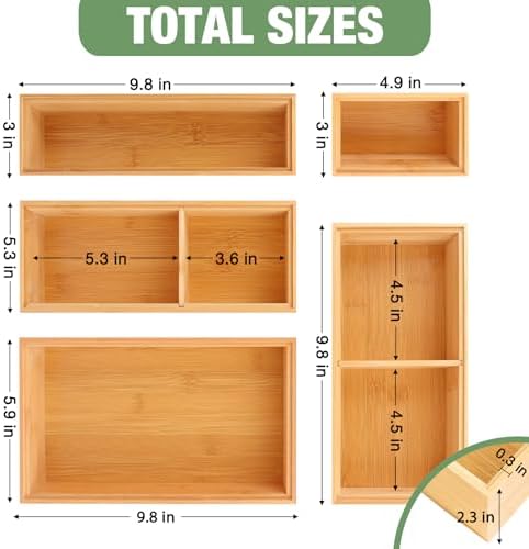Bamboo Drawer Organizer,5 PCS Silverware Organizer & Kitchen Organizers and Storage,Utensil Drawer Organizer With Removable Dividers for Kitchen,Utensils,Bathroom,Office,Makeup(Natural)