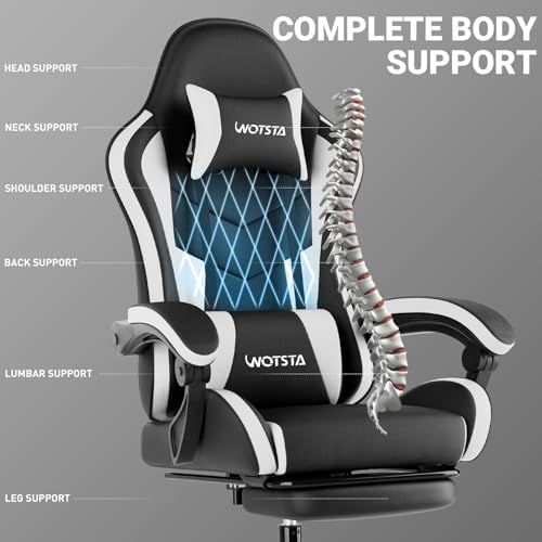 Ergonomic Gaming & Office Chair, Footrest, Racing Design Black/White