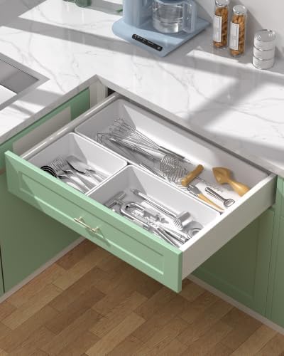 10 Pack Large Size Plastic Drawer Organizers Set, 3 Sizes Desk Drawer Organizer Trays, Storage Bins for Vanity, Makeup, Bathroom, Kitchen Utensils and Office (White)