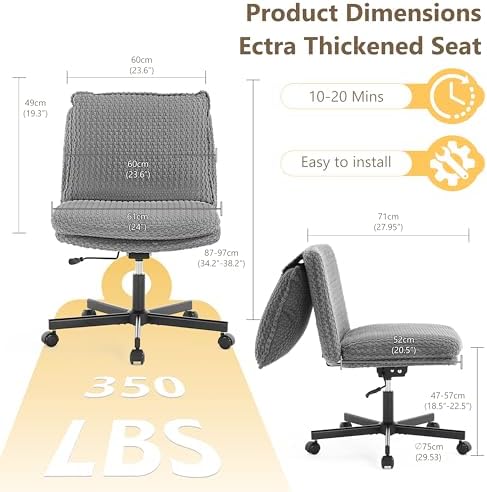 Fizzin Cross Cross Chair Memory Foam Armless with Wheels Home Office Grey