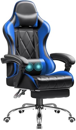 Shahoo Gaming Chair with Footrest and Massage Lumbar Support, Computer Game Chairs Ergonomic Office Seat Height Adjustable with Headrest, Blue