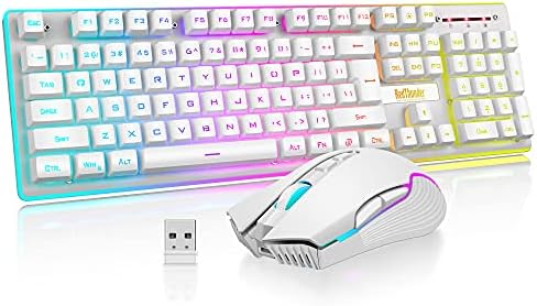 RedThunder K10 Wireless Gaming Keyboard and Mouse Combo, LED Backlit Rechargeable 3800mAh Battery, Mechanical Feel Anti-ghosting Keyboard + 7D 3200DPI Mice for PC Gamer (White)