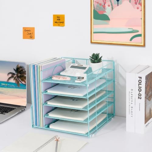 LEKETREE Desk Organizers and Accessories, 5-Tier Paper Letter Tray Organizer with File Holder, Desktop Organizer for Office Supplies (Blue)
