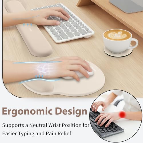 Sushret Mouse Pad and Keyboard Wrist Rest, 3-in-1 Gel Memory Foam Ergonomic Mouse Pad with Wrist Rest Set,Gaming Mousepad Arm Cushion Support for Computer Office Desk Accessories Cute Setup,Apricot