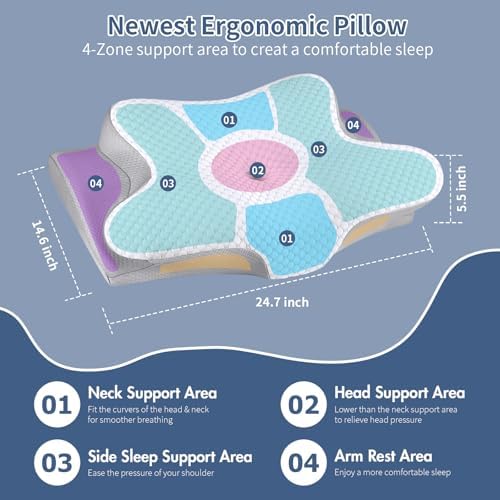 Cervical Pillow for Neck Pain Relief, Ergonomic Neck Pillow for Sleeping, Contour Side Sleeper Pillow for Neck Support, Orthopedic Cooling Memory Foam Pillows for Back Stomach Sleepers (White)