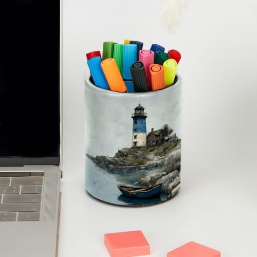 Leather Pen Holder for Desk, Coastal Lighthouse Pencil Cup Pen Organizer Makeup Brush Holder for Office Home Kids Countertop Desk Accessory Storage