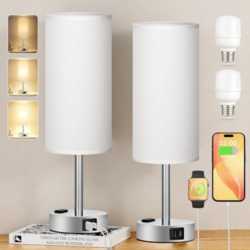 Touch Bedside Table Lamps Set of 2 - Bedroom Lamp with USB A+C, AC Outlet