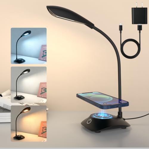 Desk Lamp with Wireless Charger College Dorm Home Office Bedside Black
