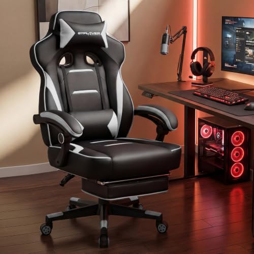 GTPLAYER Gaming Chair with Footrest, 350LBS Big and Tall Office Chair, Ergonomic High Back Lumbar Support and Recliner for Back Pain Relief, White