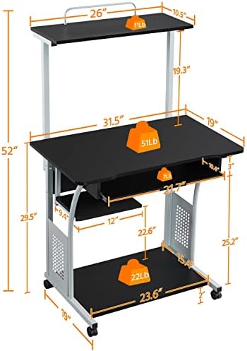 Yaheetech Small Rolling Computer Desk with Hutch and Storage Shelves, Black
