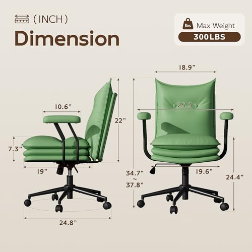 Sage Green Office Chair with Triple-Layers Thicken Wide Seat, Mid Back Leather Desk Chair with Wheels and Arms, Mid-Century Modern Computer Chair for Home Office